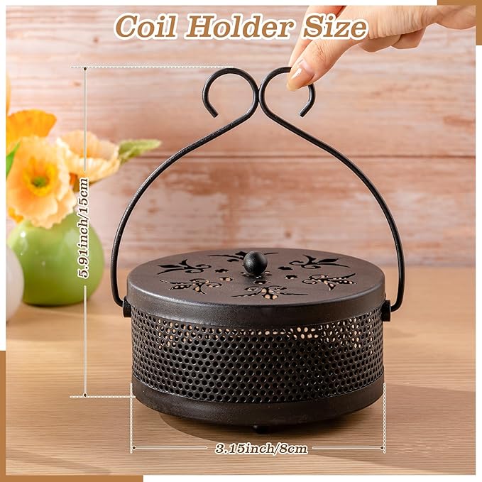 Lallisa Incense Coil Holder Sets, Round Metal Hanging Incense Burner with Handle and Lid, Portable Coil Burner Stand Container for Patio Camping Garden Home Indoor Outdoor Decor(Classic Black,4 Pcs)