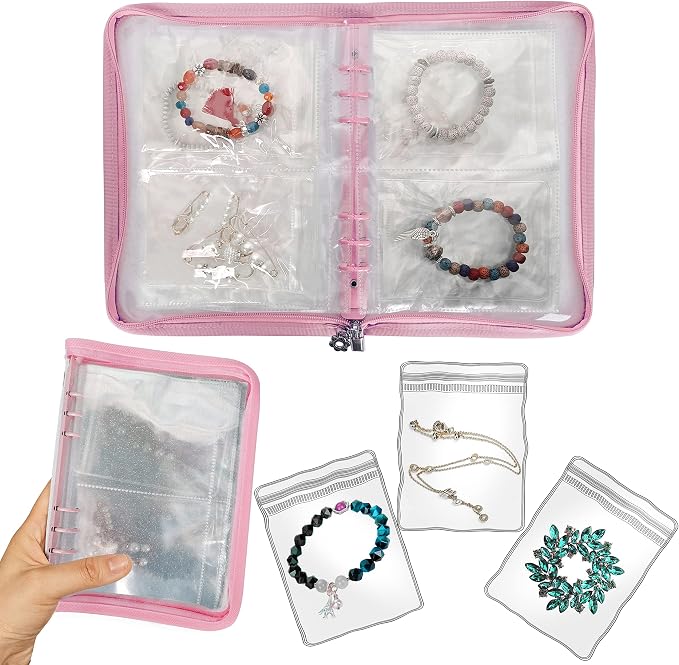 Bracelet Holder Travel Jewelry Organizer Case Transparent Jewelry Storage Book for Earring Necklace Ring with Small Clear Zippered Pouch
