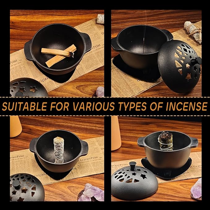 Cast Iron Incense Burner - Cast Iron Incense Holder Mini Cauldron for Sage, Palo Santo, Resin, Charcoal & Japanese Incense | Home, Rituals & Meditation Censer Bowl