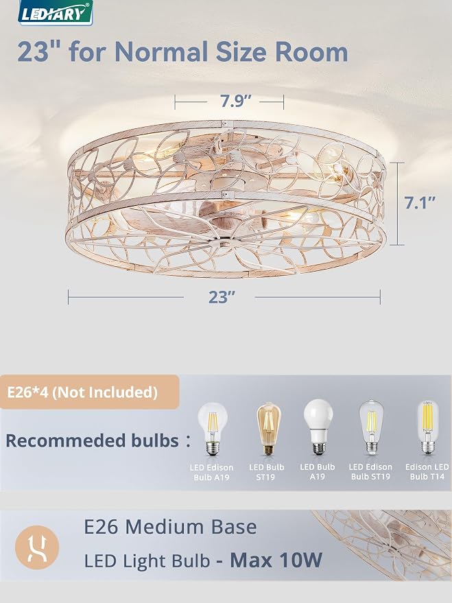 LEDIARY 23 Inch Caged Ceiling Fans with Lights, White Flush Mount Ceiling Fan with Remote&App, Large Low Profile Bladeless Ceiling Fan Light Fixture for Bedroom, Kitchen, Dining Room-White Gold Color