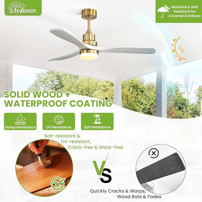 Sofucor 52 Inch Ceiling Fan with Light and Remote - 3 Solid Wood Blades, Quiet DC Motor, 6 Speeds 5000CFM, Dimmable Tri-Color LED with Memory, Timer & Reversible for Living Room Bedroom, ETL, Gold