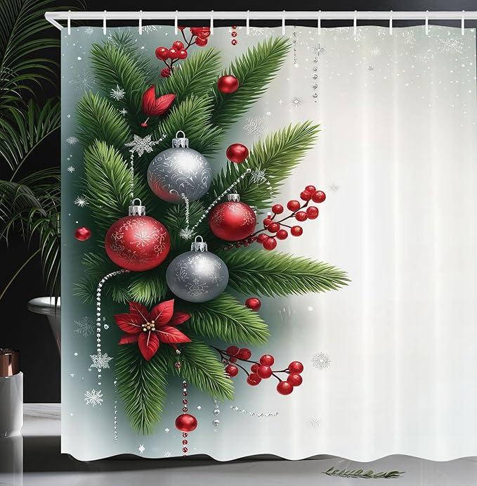 Ambesonne Christmas Shower Curtain, Pine Tree Leaves and Xmas Balls Berries Print on Snowy Winter Back, Cloth Fabric Bathroom Decor Set with Hooks, 69" W x 75" L, Off White Fern Green Ruby