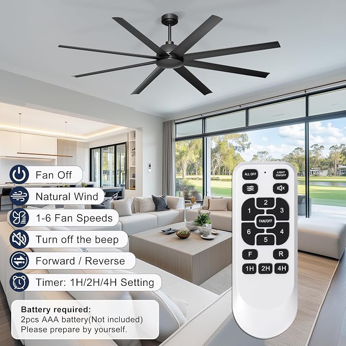 72'' Ceiling Fan no Light - Remote & APP Control, 6 Speed Reversible DC Motor Covered Outdoor Fan for Patio, Shop, Garage, Black without Light