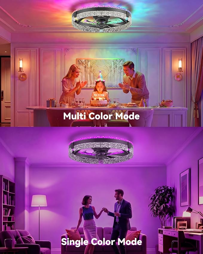 RGB Low Profile Ceiling Fan with Lights, Ceiling Fans with Lights and Remote, 3000-6500K Dimmable Modern Flush Mount LED Fan Lights, 6 Wind Speeds Ceiling Fans for Bedroom(Black-Cream)
