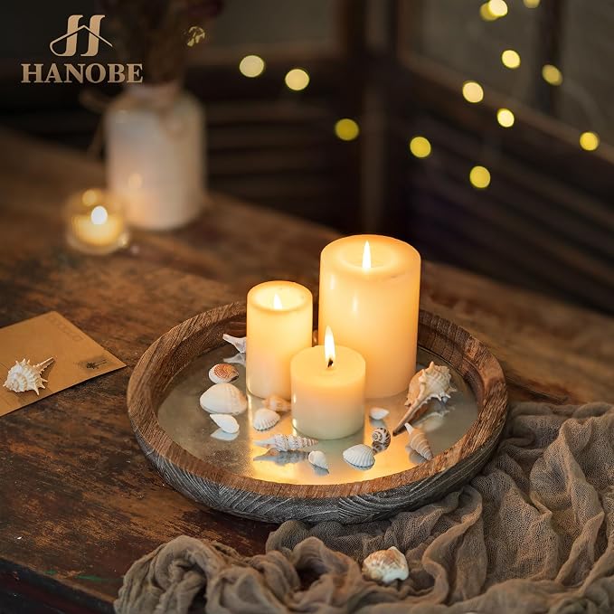 Hanobe Round Wood Candle Holder Trays, Coffee Table Decor for Centerpieces | Wooden Base with Zinc Iron plate, Decorative Tealight Candlestick for Kitchen Counter, Farmhouse Living Room Decor