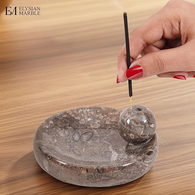 Incense Holder for Sticks, Natural Marble Incense Burner Ash Catcher Plate for Palo Santo, Sage, Meditation, Yoga and Home Decor - Oceanic Grey