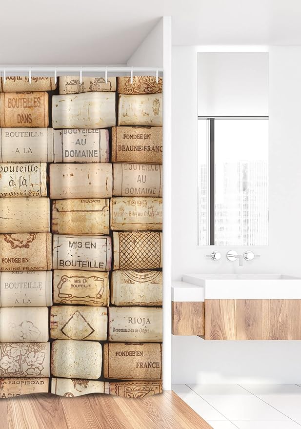 Ambesonne Winery Stall Shower Curtain, Different Wine Corks Arranged in a Line French Aged Fine Wine Art Print, Fabric Bathroom Decor Set with Hooks, 36" W x 72" L, Ivory Brown