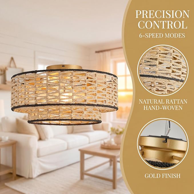 20" Boho Ceiling Fan Light with Remote Control, Double Layer Hand Woven Toast-Colored Rattan with Black Trim Flush Mount Fan Light with Lights for Bedroom, Living Room, Kitchen