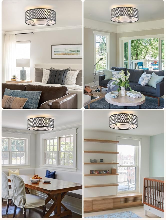 20" Black Ceiling Fan with Light Flush Mount, Caged Boho Ceiling Fans with Lights Remote Control, Round with 6 Speeds for Bedroom, Nursery, Living Room