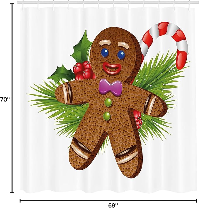 Ambesonne Gingerbread Man Shower Curtain, Tasty Pastry on Coniferous Branches Candy Cane and Holly Berry, Cloth Fabric Bathroom Decor Set with Hooks, 69" W x 70" L, Brown Green