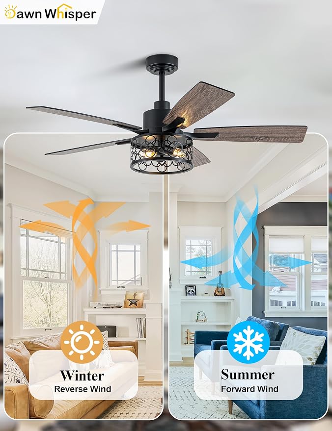 Dawn Whisper 52 Inch Farmhouse Ceiling Fans with Lights and Remote Quiet and Reversible DC Motor Black Industrial Rustic Caged Ceiling Fan for Bedroom Living Room Covered Patio (12-Black)