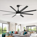 72" Black Ceiling Fans with Lights and Remote, 8 ABS Blades, 6-Speed Reversible DC Motor, 2 Downrods, 3 Color Led Light, Large Industrial Indoor Ceiling Fan Fandeliers for Bedroom Living Dining Room