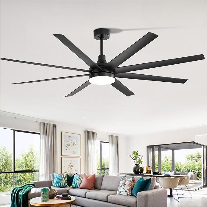 72" Black Ceiling Fans with Lights and Remote, 8 ABS Blades, 6-Speed Reversible DC Motor, 2 Downrods, 3 Color Led Light, Large Industrial Indoor Ceiling Fan Fandeliers for Bedroom Living Dining Room