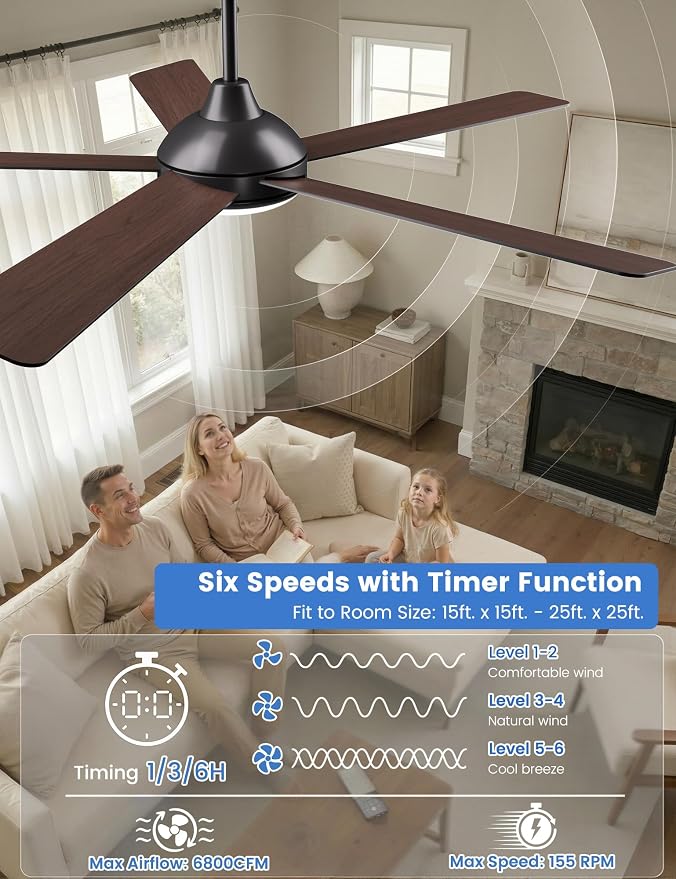 60 Inch Ceiling Fans with Lights and Remote/App Control: Black Ceiling Fan with Light, Quiet Reversible DC Motor, Dimmable Tri-Color LED, Modern Ceiling Fan for Bedroom/Patio, Indoor/Outdoor