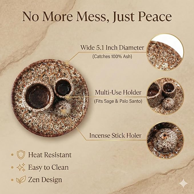 Palo Santo Sticks Holder, Multi-Purpose Handmade Ceramic Incense Burner for Palo Santo Incense Sticks, Sage Holder for Burning, Ash Catcher Tray for Meditation Yoga Room-Brown White