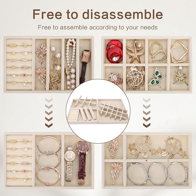 Velvet Jewelry Drawer Storage Tray, Set of 4 Stackable Drawer Organizer, Multifunctional Jewelry Display Organizer, Storage Box for Earrings, Rings, Necklaces, Bracelets, Brooches, Watches