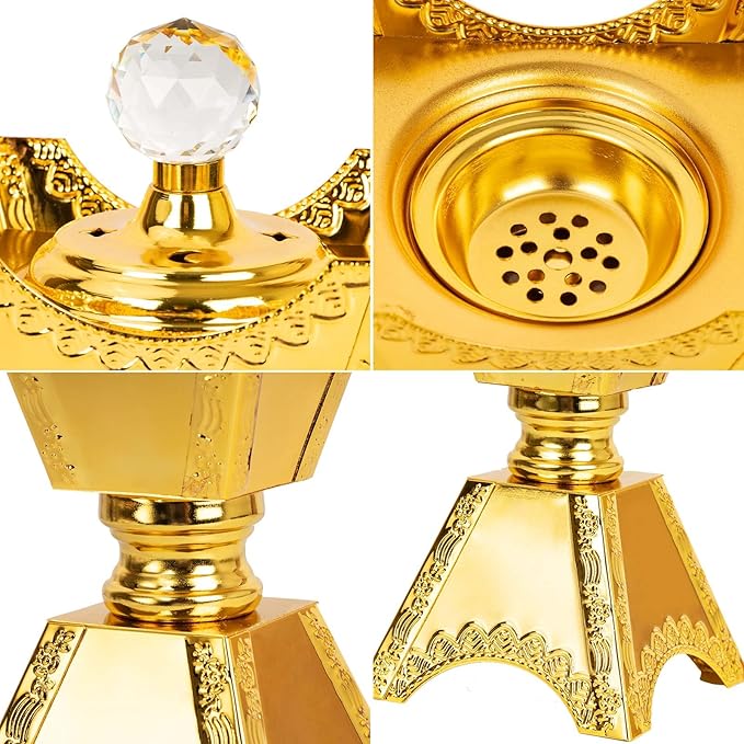 Large Gold Incense Burner Holder, Bakhoor Frankincense Charcoal Censer Resin Stand, Ideal for Aromatherapy Yoga Spa, Home Christian Church Decor 9.43" (Gold Burner)