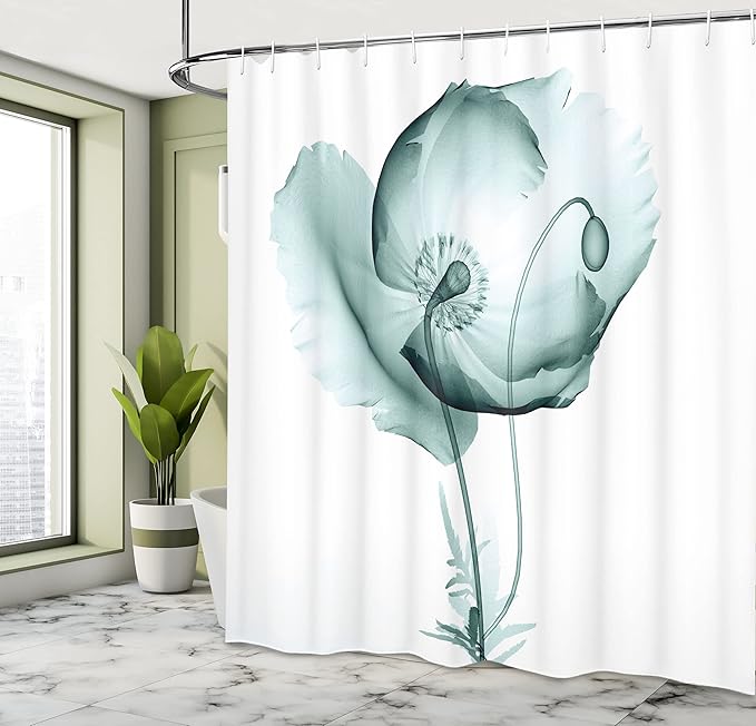 Ambesonne Flower Shower Curtain, Poppy Flower Blooms Meadow Garden Floral Radiographs Unusual Rare Art Print, Cloth Fabric Bathroom Decor Set with Hooks, 69" W x 84" L, Teal White