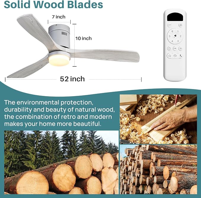 Sofucor 52 Inch Flush Mount Ceiling Fan with Lights and Remote, Grey | Solid Wood Low Profile Ceiling Fans, 3CCT Dimmable 6 Speed Timing Noiseless LED Ceiling Fan, Bedroom/Farmhouse/Patio/Indoor