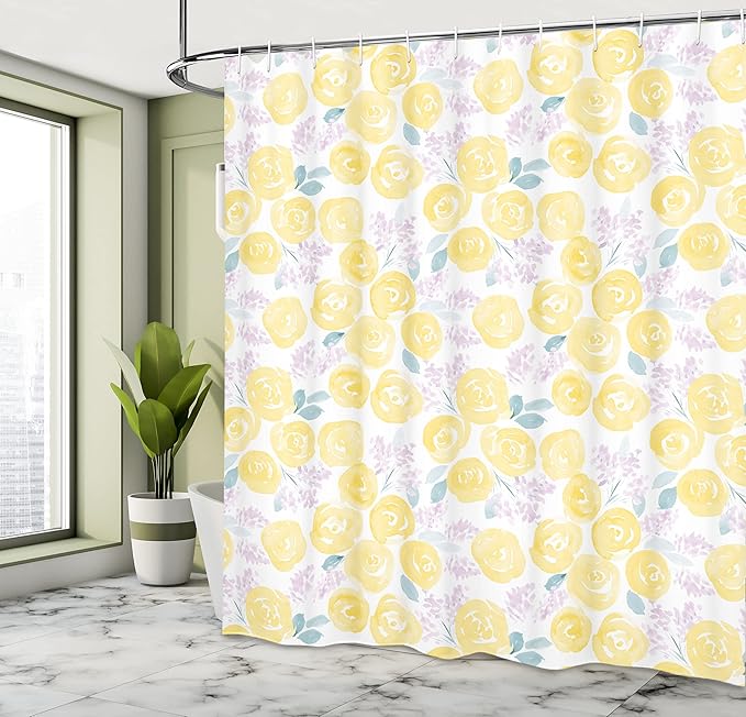 Ambesonne Watercolor Flower Shower Curtain, The Roses and Little Flowers with a Paint Effect of Floral Vintage Style of an Artwork, Cloth Fabric Bathroom Set with Hooks, 69" W x 70" L, Yellow Lilac