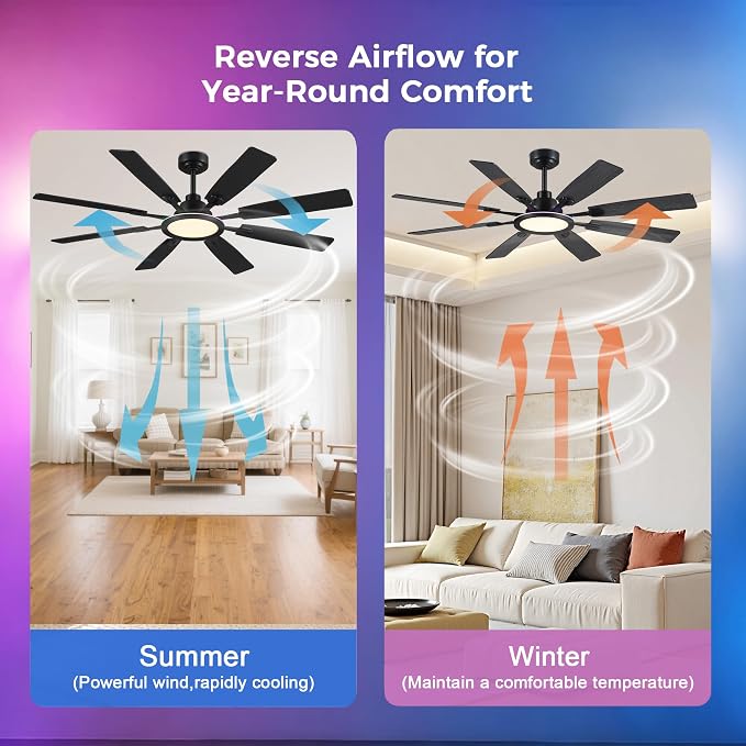 Ceiling Fan With Light & Remote Indoor/Outdoor Use 60 Inch RGB Black | Remote Control,RGB Dimmable,Reversible DC Motor,3CCT,Timer,Noiseless,Ceiling Fan for Bedroom Living Room