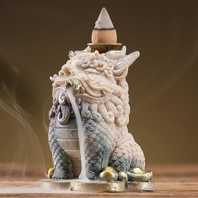 Backflow Incense Burner - Resin Tabletop Incense Holder for Cones, Fortune Dragon Statue Home Decor, Desktop Aromatherapy Ornament with Smoke Waterfall Effect for Living Room