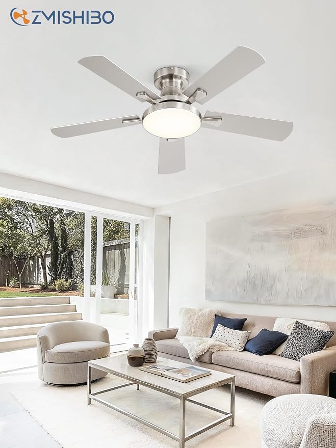 ZMISHIBO 42 Inch Ceiling Fans with Lights, Flush Mount Low Profile Ceiling Fan with 6 Speeds & 3CCT, Smart Remote&APP Control, Dimmable 24W LED Light, Quiet DC Motor for Living Room Bedroom,Nickel