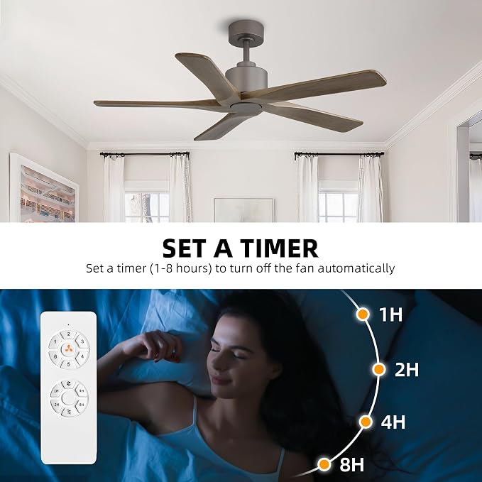 WINGBO 48" DC Ceiling Fan No Light - 5 Carved Solid Wood Blades, 6-Speed Reversible DC Motor, Ceiling Fan without Lights for Living Room Bedroom Kitchen Patio, Indoor and Outdoor, Graphite and Gray