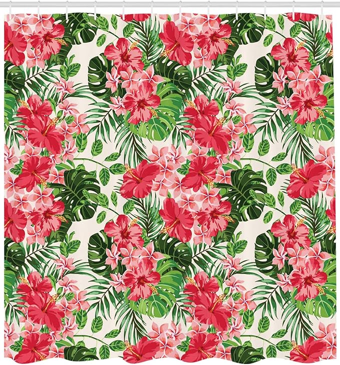 Ambesonne Floral Shower Curtain, Tropical Botanic Flowers Leaves Ivy Island Hawaiian Image, Cloth Fabric Bathroom Decor Set with Hooks, 69" W x 70" L, Green Jade