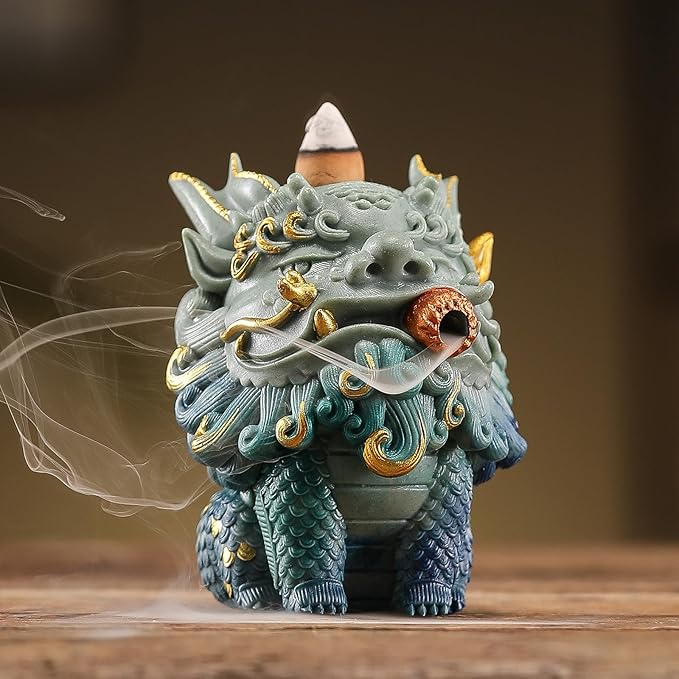 Backflow Incense Burner - Resin Tabletop Incense Holder for Cones, Fortune Dragon Statue Home Decor, Desktop Aromatherapy Ornament with Smoke Waterfall Effect for Living Room