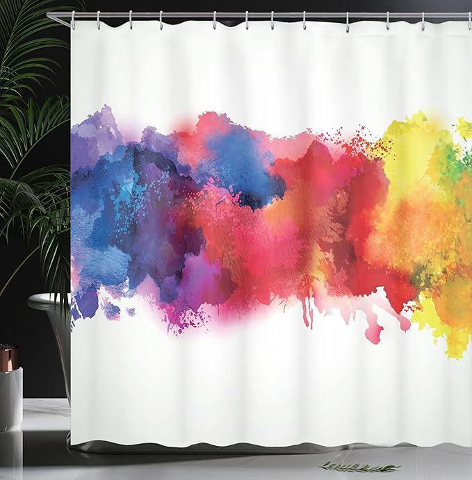 Ambesonne Abstract Shower Curtain, Vibrant Stains of Watercolor Paint Splatters Brushstrokes Dripping Liquid Art, Cloth Fabric Bathroom Decor Set with Hooks, 69" W x 75" L, Yellow Blue