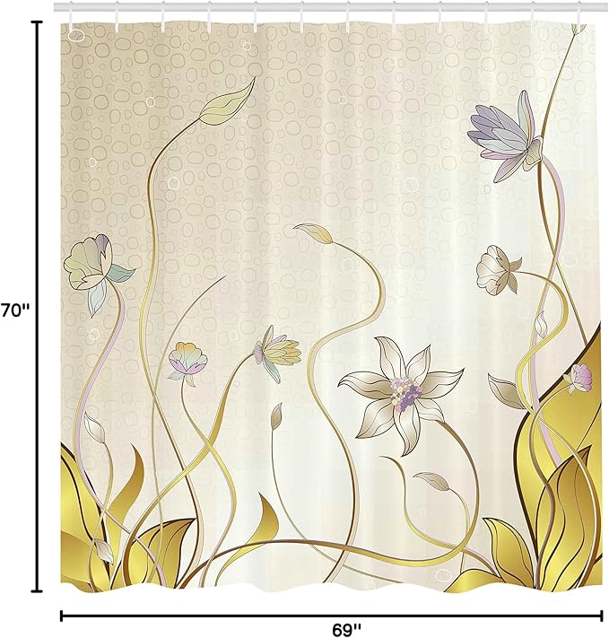 Ambesonne Abstract Shower Curtain, Flower Nature Theme Pattern Nice Lily Blossoms in Spring Pattern Print, Cloth Fabric Bathroom Decor Set with Hooks, 69" W x 70" L, Cream and Mustard