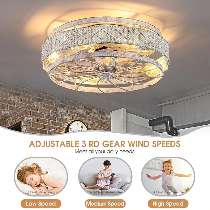 SHIHOT 18" Retro Low Profile Caged Ceiling Fans with Lights and Remote | Safe Caged-Design,Supports Both Remote Control and APP,6 Wind Speeds, Reversible, Quiet DC Motor,Suits for Bedroom Kidsroom
