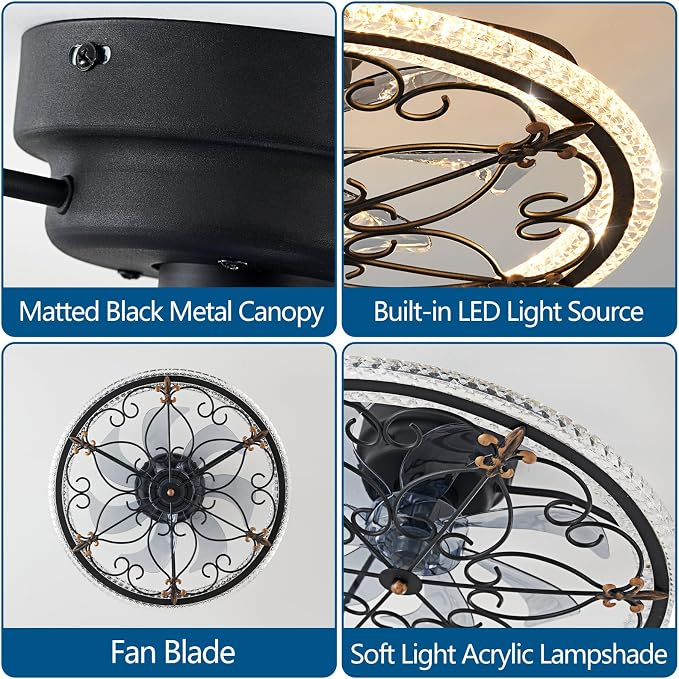 Dalouguan Rustic Black Caged Ceiling Fan with Light, Farmhouse Caged Ceiling Fan with Remote, LED Low Profile Ceiling Light for Bedroom Kitchen Living Room