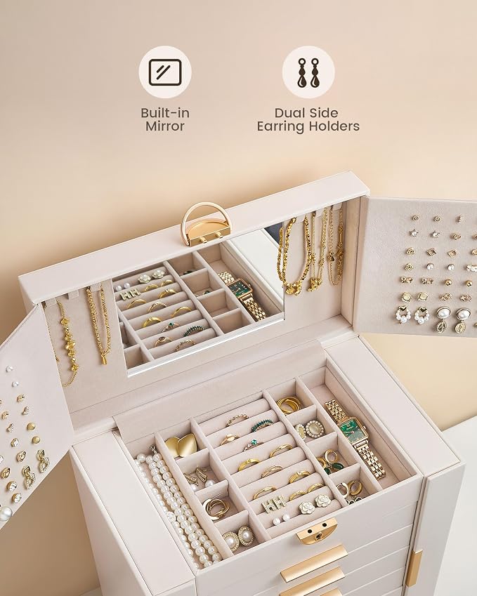 Lolalet Large Jewelry Box Organizer for Women, 8-Layer Jewelry Organizers and Storage Case with Mirror & 7 Drawers, Lockable Watch Ring Earring Bracelet Necklace Holder Girls Gift -8Layer, Beige