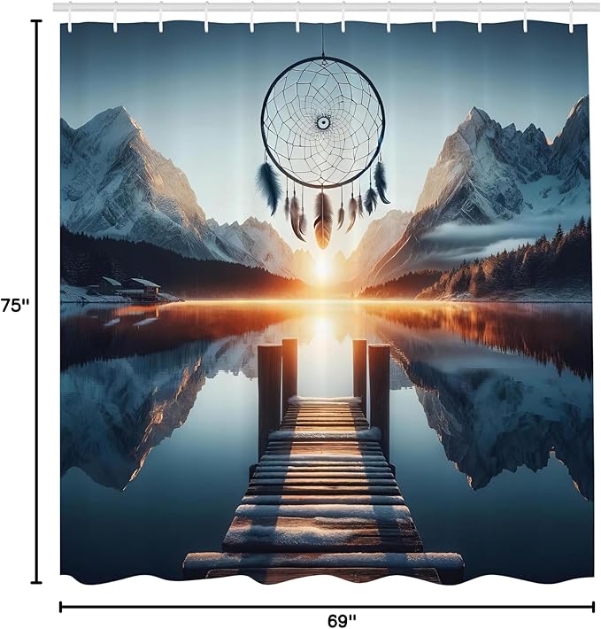 Ambesonne Lake Shower Curtain, Sunset Horizon Snowy Mountains Bohemian Dreamcatcher Peaceful View Wooden Pier, Cloth Fabric Bathroom Decor Set with Hooks, 69" W x 75" L, Slate Blue Orange