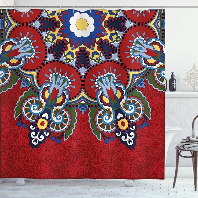 Ambesonne Mandala Shower Curtain, Color Jumble of Lace Like Flowers Leaves Swirls Vintage Illustration Folk Themed, Cloth Fabric Bathroom Decor Set with Hooks, 69" W x 75" L, Red