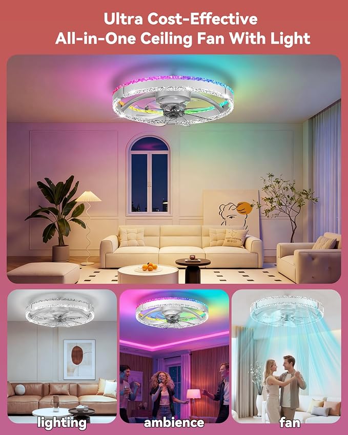 RGB Low Profile Ceiling Fan with Lights,RGB Ceiling Fans with Lights and Remote, 3000-6500K Dimmable Modern Flush Mount LED Fan Lights, 6 Wind Speeds Ceiling Fans for Bedroom