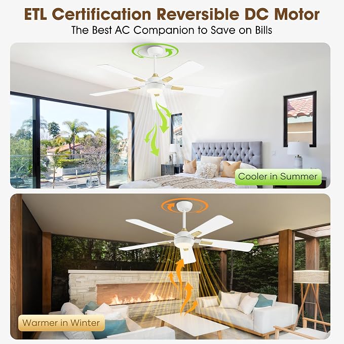 52 Inch White Ceiling Fan with Light and Remote, Modern Ceiling Fan with 6-Speed Reversible Motor, Dimmable LED 3CCT for Bedroom Living Room Apartment