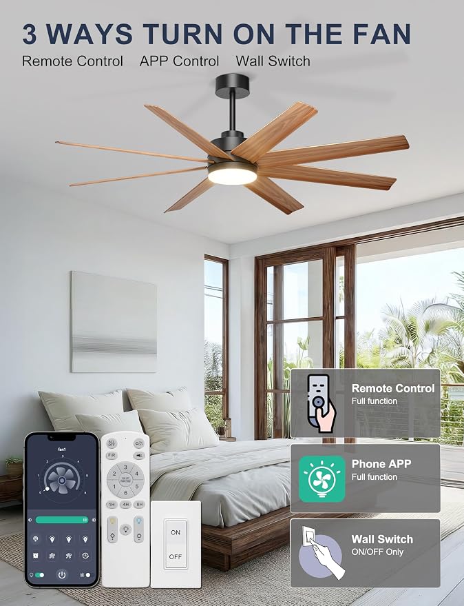 Ohniyou 60'' Ceiling Fan with Light - 8 Blades Modern Farmhouse Ceiling Fan Remote/APP Control, Dimmable, Covered Outdoor Fan for Patio, Living Room, Black+Wood Color