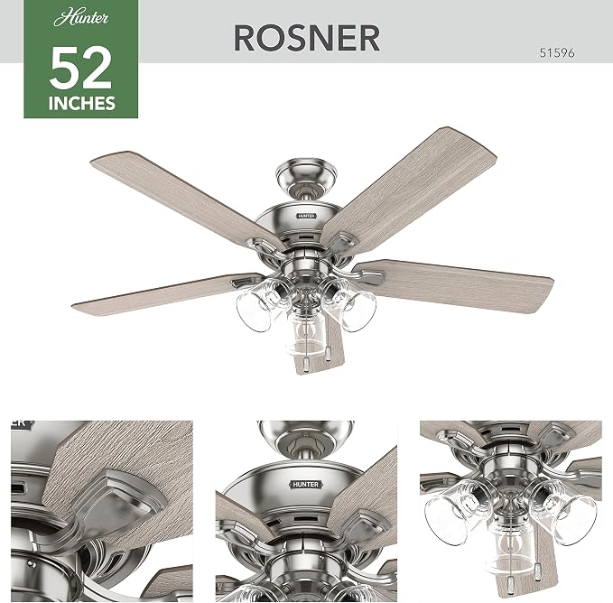 Hunter Rosner, Indoor, Ceiling Fan, Standard Mount, 52 inch, Brushed Nickel | with LED Lights and Pull Chain, 5 Blades, For Bedroom, Living Room, Kitchen, 3 inch Downrod, 51596