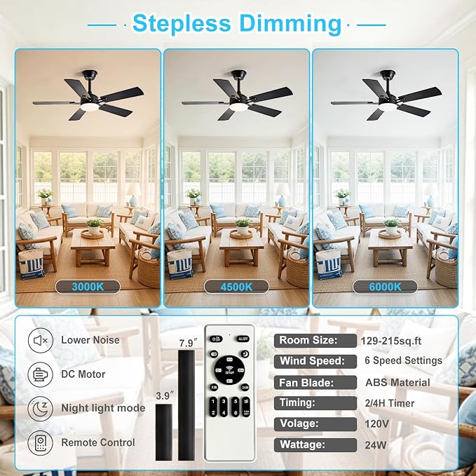 Depuley 42-inch Ceiling Fan with Light: Black Ceiling Fan for Living Room Indoor Outdoor - Modern Ceiling Fan with Remote Control 3CCT Dimmable Noiseless 5 Reversible Walnut Blades 6 Speeds Timer