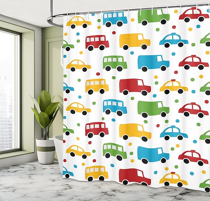 Ambesonne Cars Shower Curtain, Vivid Colored Silhouettes of Transportation Vehicles Bus Taxi Automobile Pattern, Cloth Fabric Bathroom Decor Set with Hooks, 69" W x 70" L, Orange Green Blue