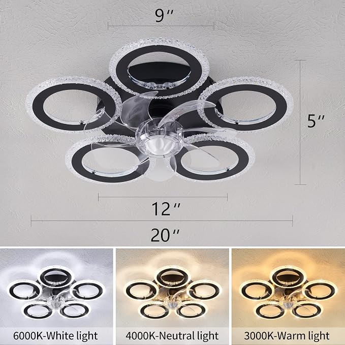 Dalouguan Ceiling Fan with Lights Remote Control, 20" Black Personality Geometric 6 Speeds 3 Light Color Low Profile Flush Mount Ceiling Fan for Kitchen Bedroom