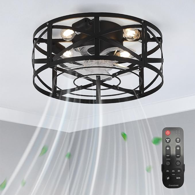 Conciseer 16 Inch Caged Ceiling Fans with Lights and Remote, Flush Mount, Low Profile 7 Blades 6 Speed Reversible Quiet DC Motor for Bedroom, Kitchen and Living Room, Black