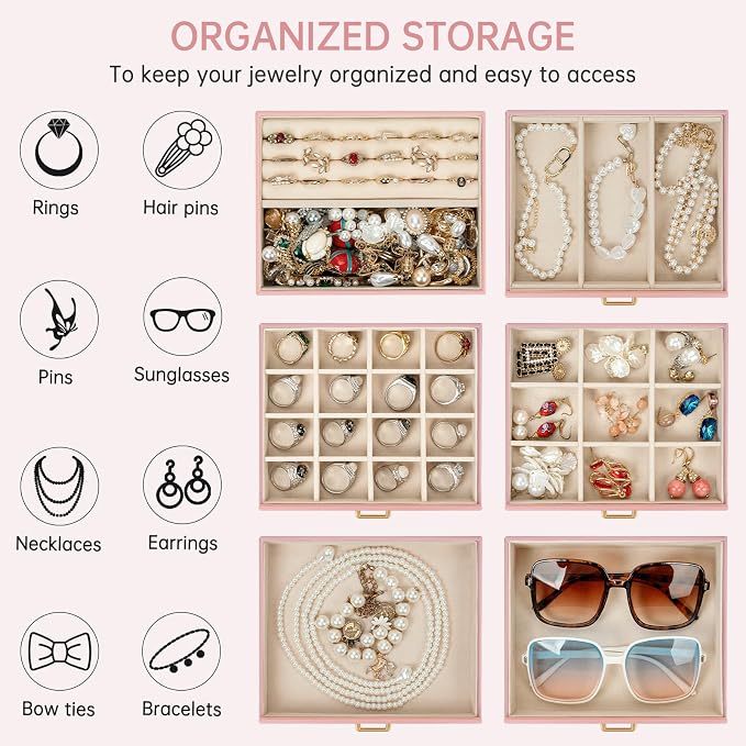 AKOZLIN 6-Tier Jewelry Box Organizer Functional 5 Drawers Leather Jewelry Storage Case for Women Girls Ring Necklace Earring Bracelet Holder Organizer with Mirror Medium Pink
