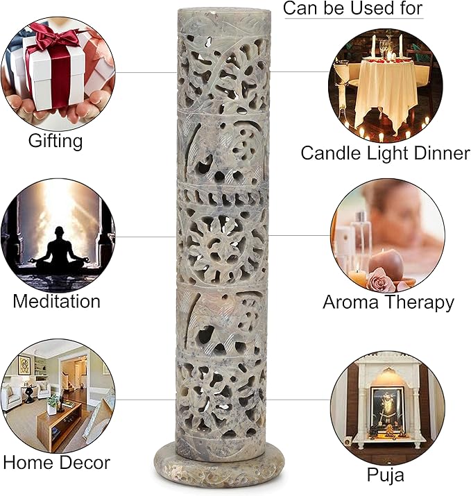 Carry Me Marble Soapstone Incense Stick Holder | Candle Burner | Tea Light Holder - Perfect Handmade Elephant Carving for Gifting. Decorative Home and Office Decor.(3 x 3 x 10.5 Inches)