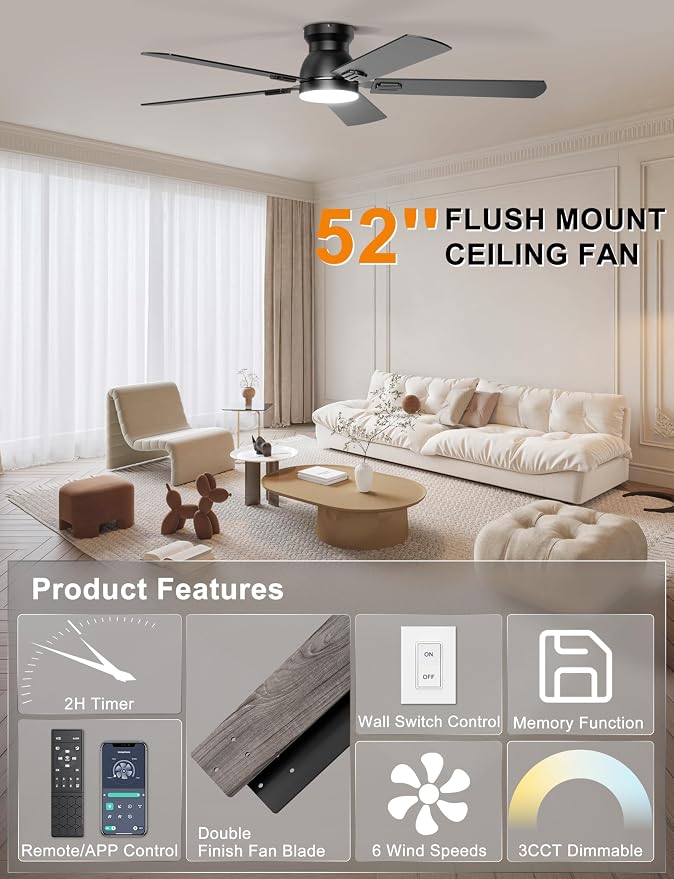 Ohniyou Ceiling Fans with Lights, 52 Inch Low Profile Ceiling Fan with Light and Remote/APP Control, Flush Mount, Dimmable, Quiet DC Motor, Black Ceiling Fan for Bedroom, Living Room