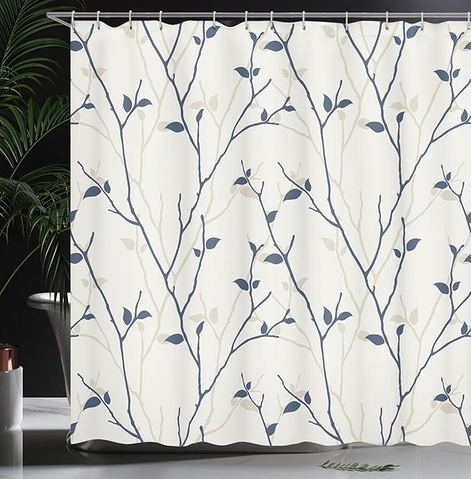 Ambesonne Leaf Shower Curtain, Branches in The Fall Trees Stem Twig Last Few Leafage Minimalistic Design Art, Cloth Fabric Bathroom Decor Set with Hooks, 69" W x 70" L, Azure Blue