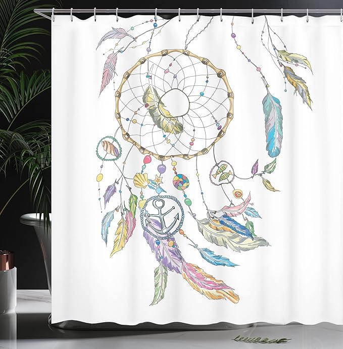 Ambesonne Tribal Shower Curtain, Dreamcatcher with Marine Objects Shell Fish Anchor Boho Print Image, Cloth Fabric Bathroom Decor Set with Hooks, 69" W x 84" L, Violet